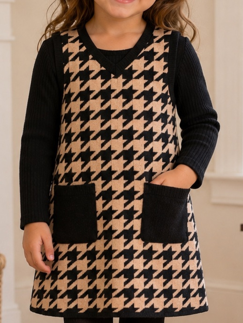 Tahari Girls Houndstooth Sweater Dress Black Tan Size 5/6